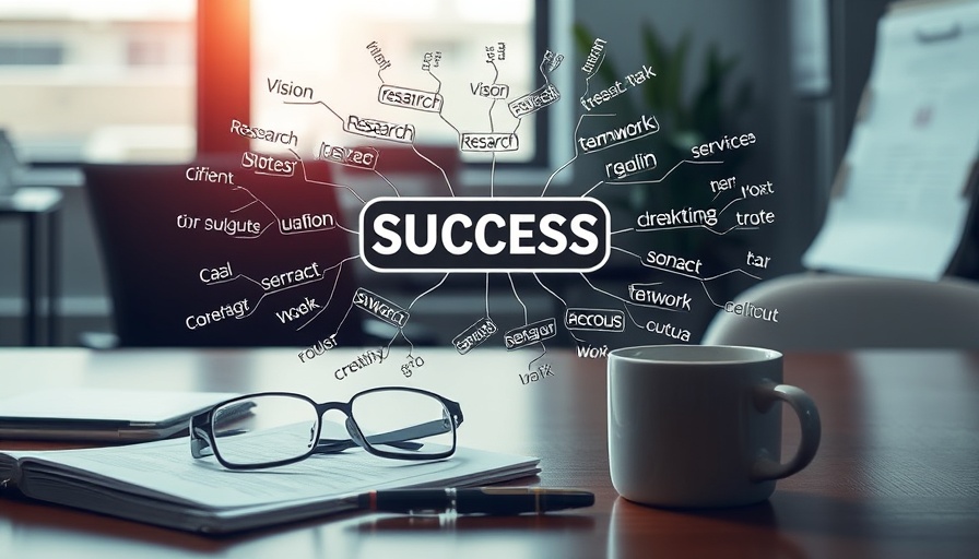 Mind map of success with keywords and coffee cup for career development