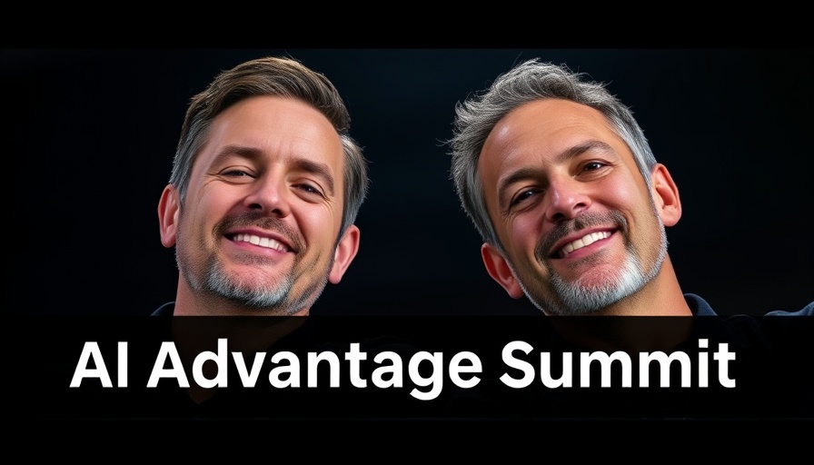 AI Advantage Summit text over two relaxed men with dark background.