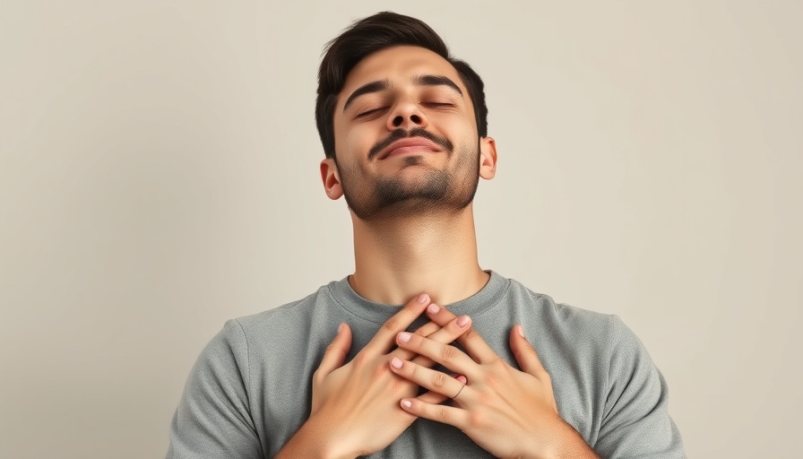 Man expressing gratitude with hands on heart, serene expression.