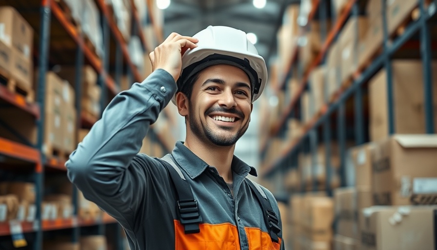 Warehouse worker smiling, adjusting helmet in inventory area.