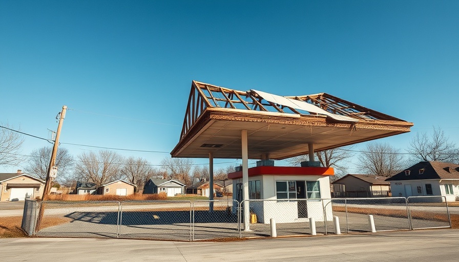 Largo storm-damaged gas station safety concerns, collapsed roof over pumps, fenced area