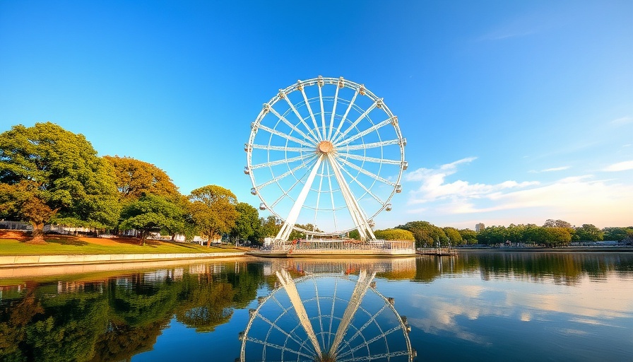 Ferris wheel in Montreal park, sunny day, calm water reflection.