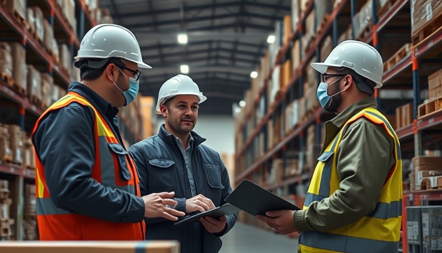 Warehouse staff discussing inventory programs in a warehouse.