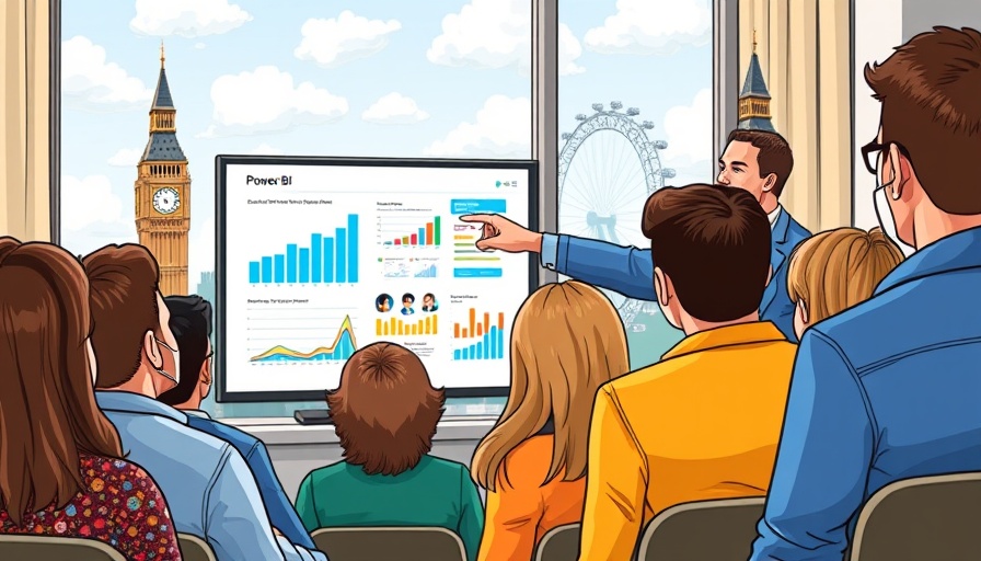 Power BI training session in London with diverse group and iconic background.