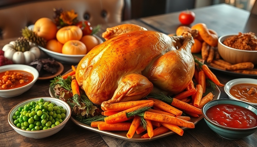 Unique Canadian Thanksgiving feast with turkey and side dishes.