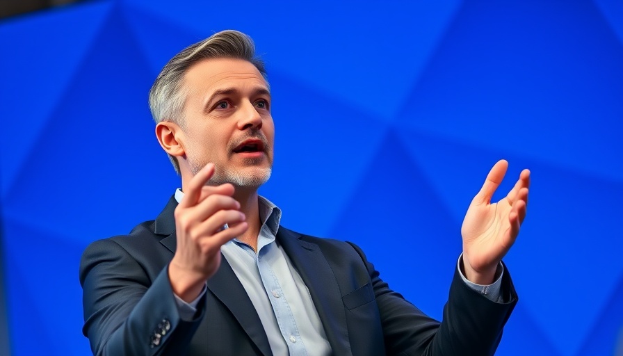 Confident speaker discussing strategy with vibrant blue background, creating a crisis to motivate employees.