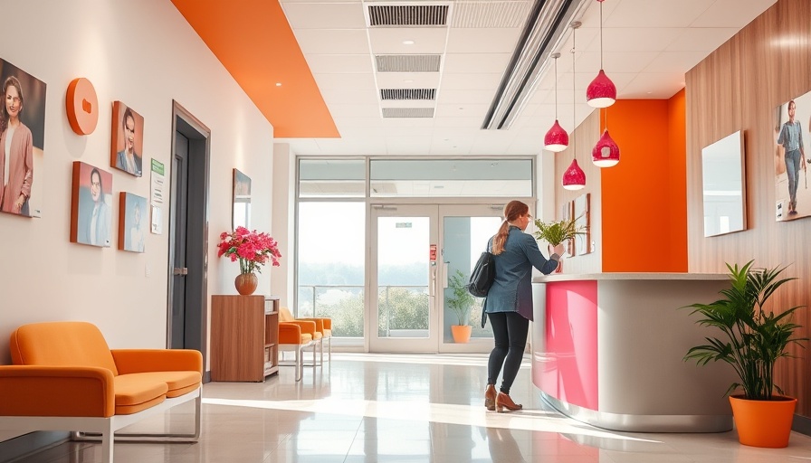 Modern women's health care clinic lobby with bright and vibrant decor.