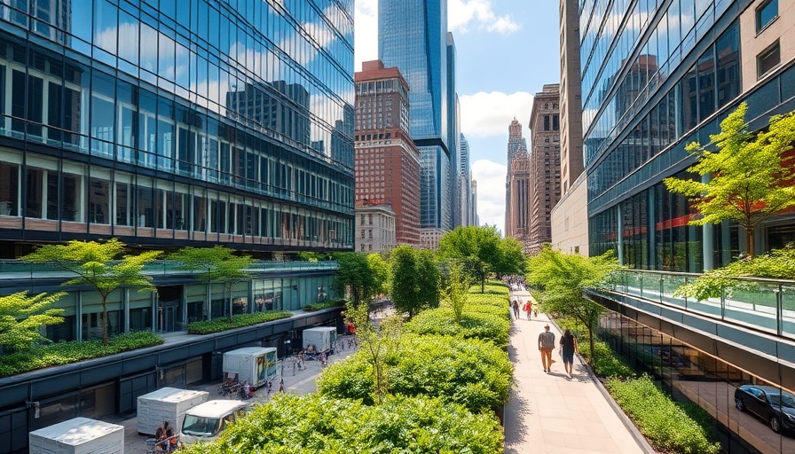 Urban pathway view in Manhattan with modern architecture.