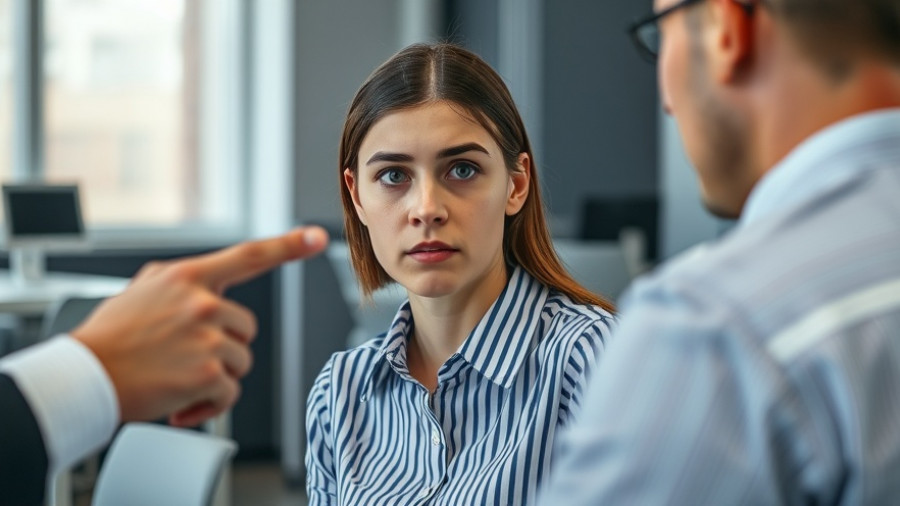 Young woman facing confrontation in office, highlighting freeze response coping strategies.