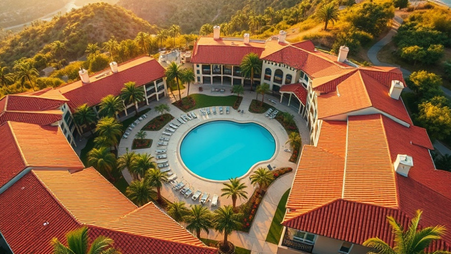 Luxurious resort with red-tiled roofs and pool, World of Hyatt credit card bonus.