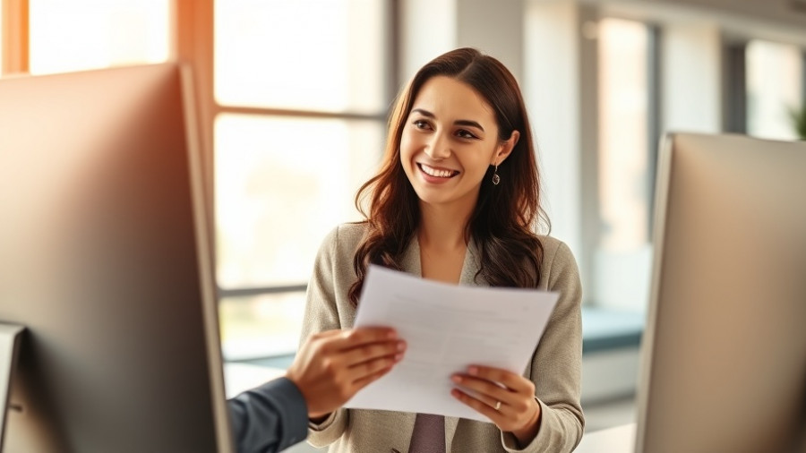 Smiling woman in office engaging in onboarding benefits.