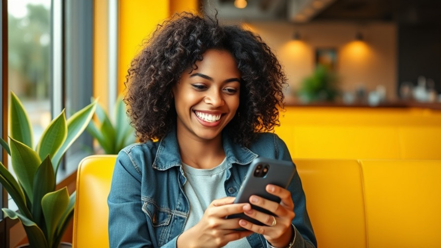 Cheerful young woman smiling in cafe holding phone showing extroverted introvert signs.
