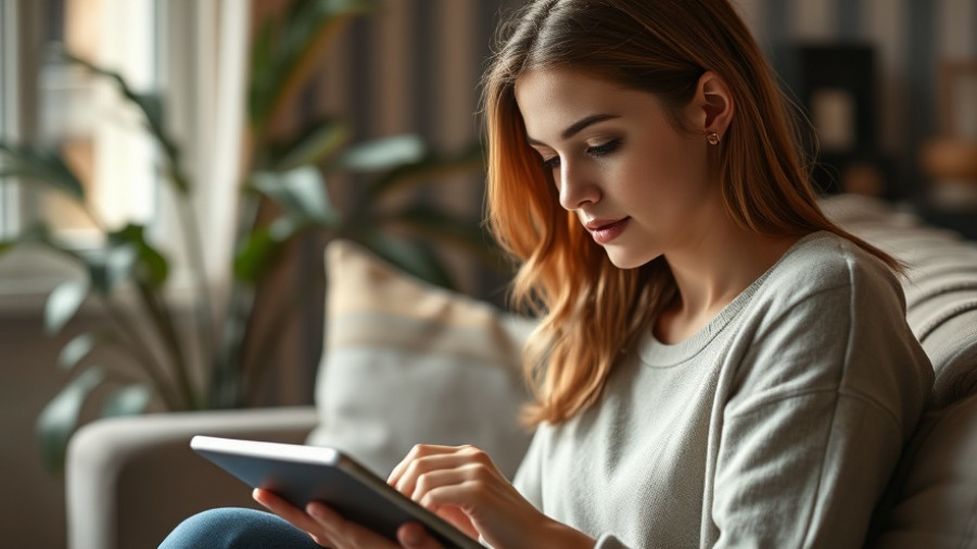 Focused woman using digital tablet in living room, avoiding outsourcing digital marketing mistakes.