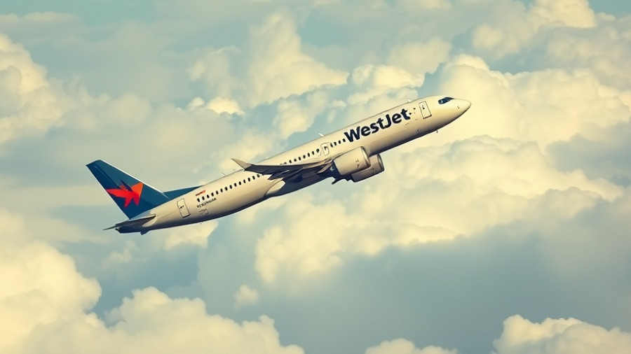WestJet airplane in flight against a cloudy sky.