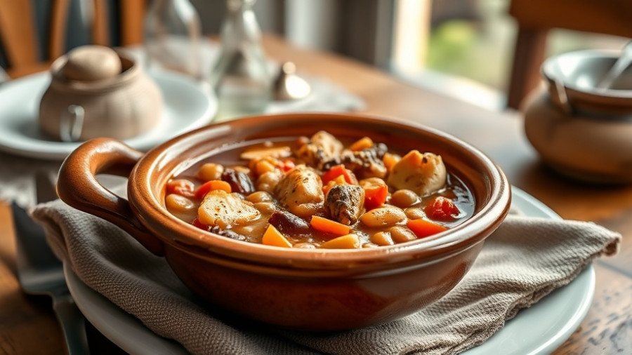 Traditional Asturian stew in a ceramic bowl, rustic dining.