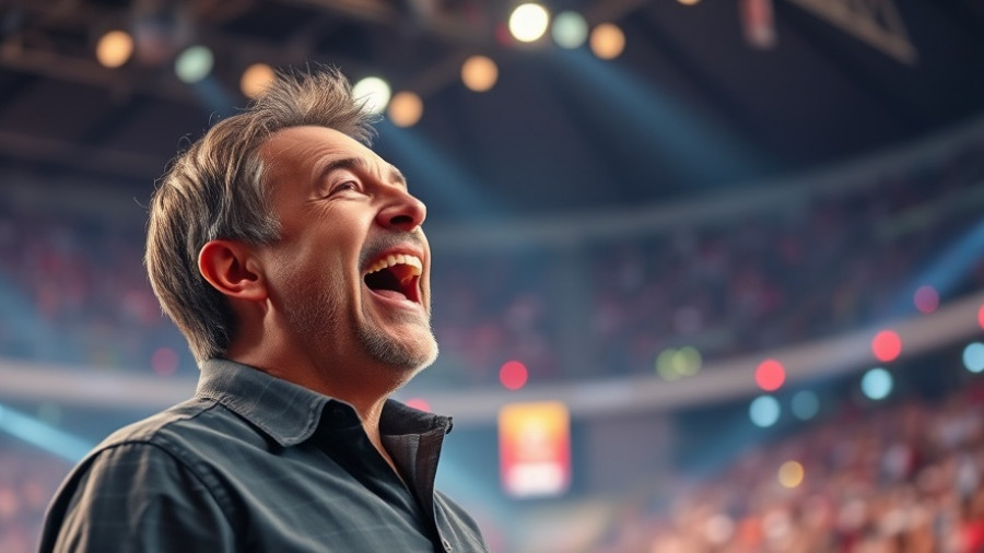 Energetic speaker gesturing passionately on stage with colorful lights.