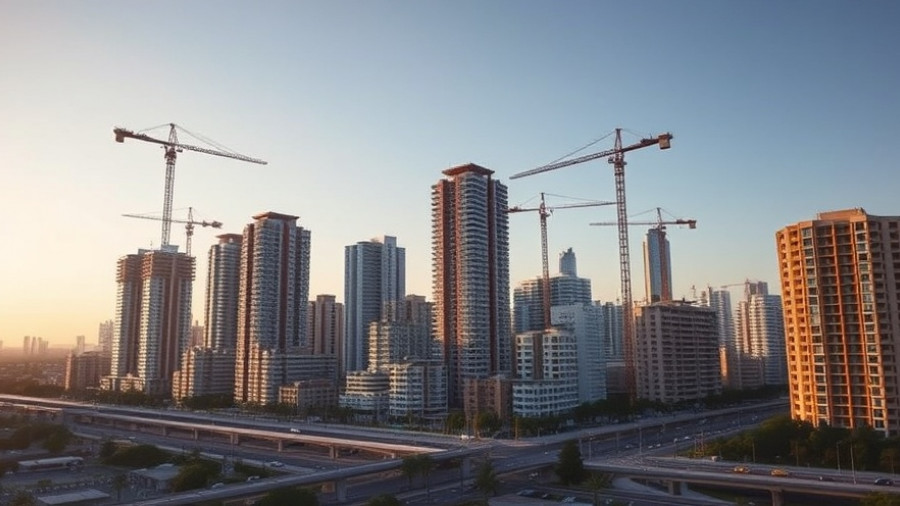 Urban skyline with buildings and cranes representing development.