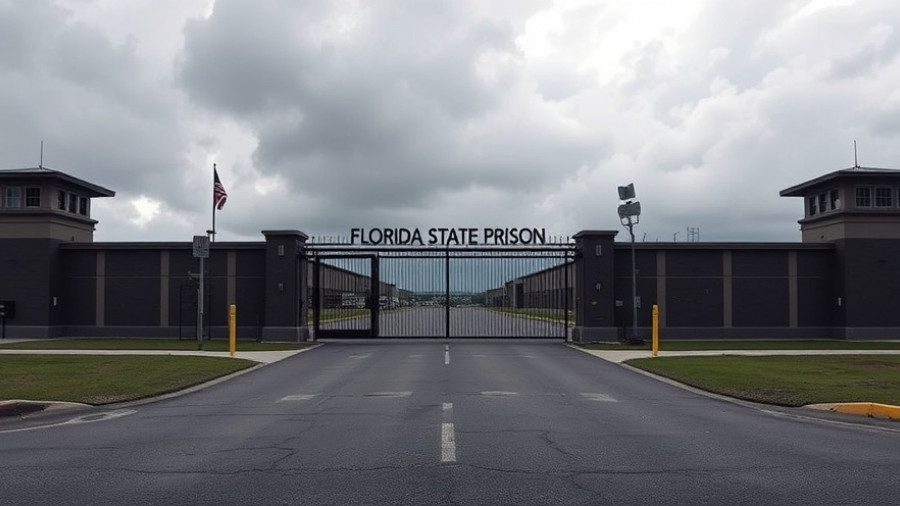 Florida State Prison entrance under overcast sky, moody atmosphere