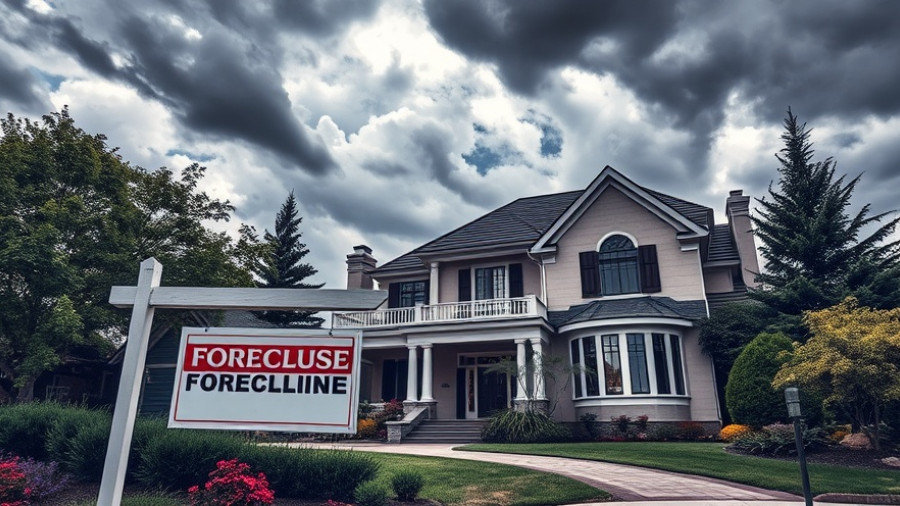 Foreclosure sign in front of a suburban house for investing in foreclosures.