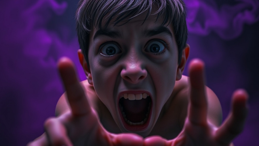 Terrified individual in a surreal purple mist, expression of shock, The Nightmare Room streaming Tubi.