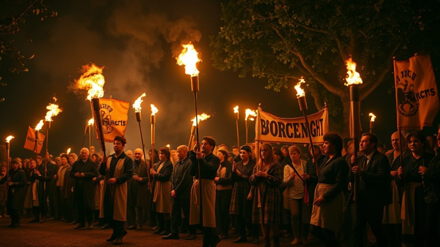 Bonfire Night celebrations in the UK with banners and torches.