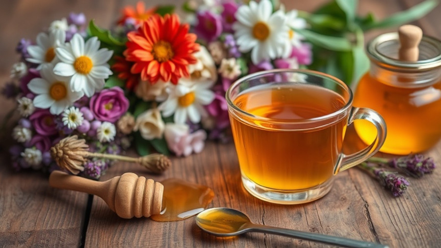 Herbal tea with honey and flowers on a rustic wooden table.