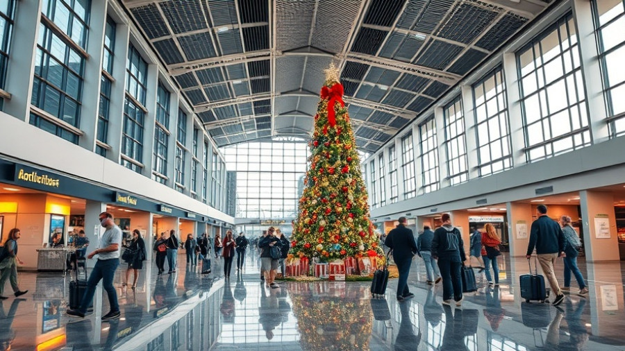 Festive airport terminal with travelers and holiday decorations.