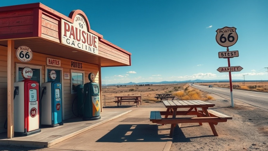 Oklahoma Route 66 vintage gas station with pumps, picnic area
