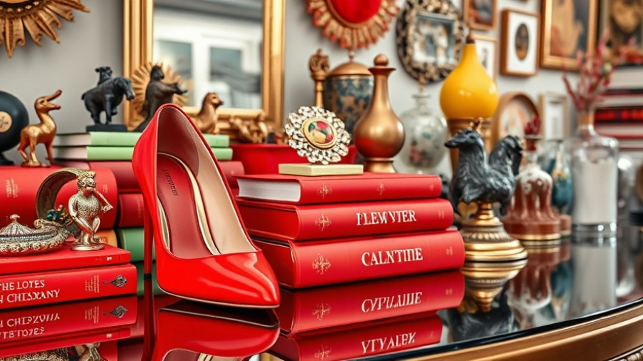 Cluttercore design with red heels and books on a mirrored surface.