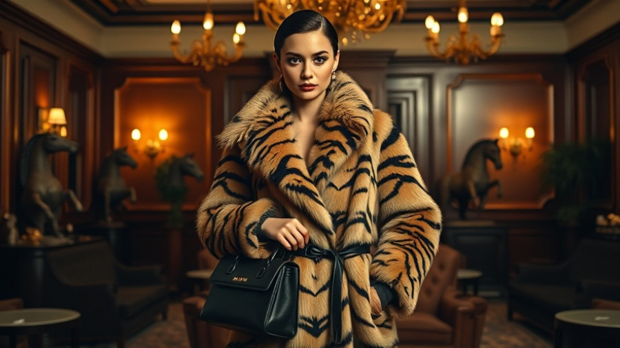 Model in a tiger-patterned coat, Kering sales decline backdrop