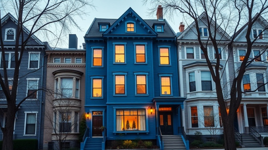Victorian-style blue row house in urban neighborhood setting, first-time home buying myths.