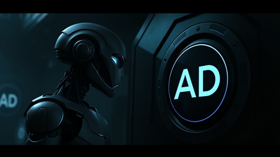 Futuristic robot studying an AD button, OpenAI advertising strategy concept.