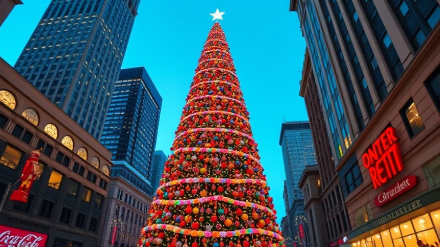 Festive holiday scene with a large decorated Christmas tree and nutcracker figures in a city.
