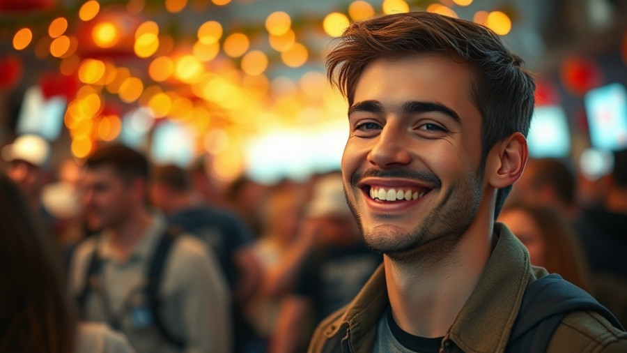 Young man in a crowd, relaxed and smiling.