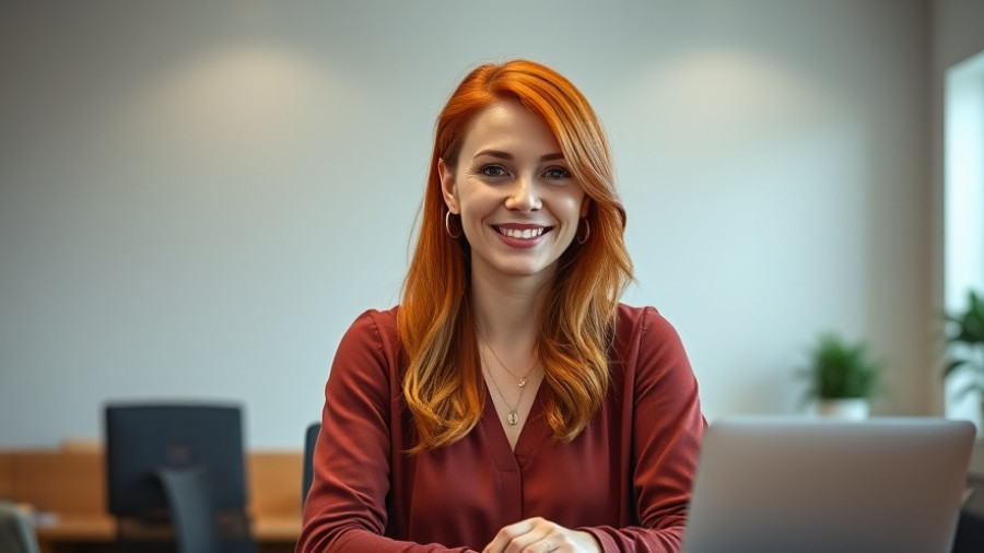 Confident woman discussing scaling AI models in a minimalistic office.