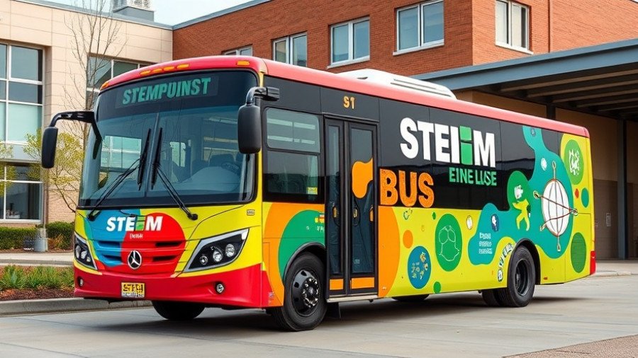 Educational bus with STEM graphics outside school building.