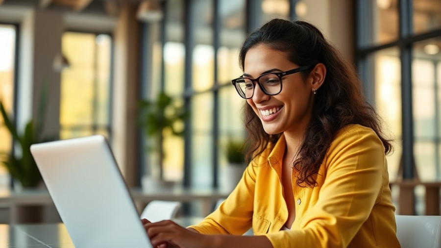 Smiling woman in yellow shirt using laptop in bright office for work.