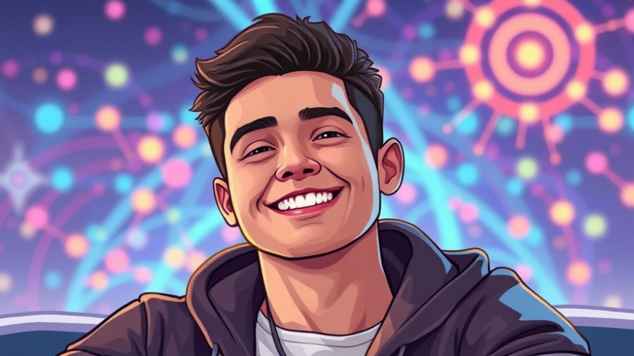 Young man with a digital AI-themed illustration, highlighting transformer architecture in AI.