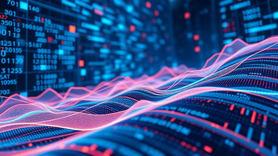 Futuristic digital landscape with flowing binary code representing Gulf Coast Western environmental stewardship.