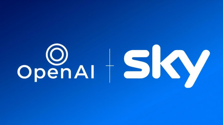 OpenAI and SKY logos on blue gradient, symbolizing partnership.