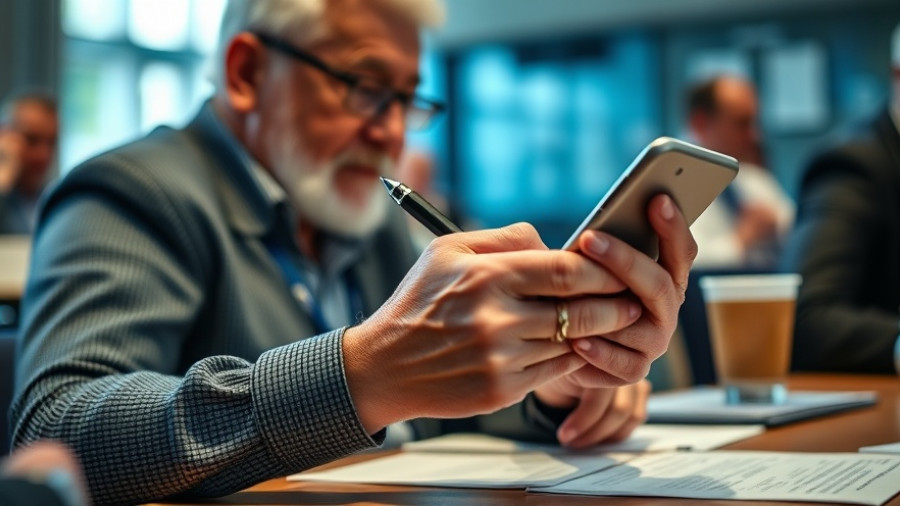Senior using smartphone at AI Symposium for Seniors, close-up.