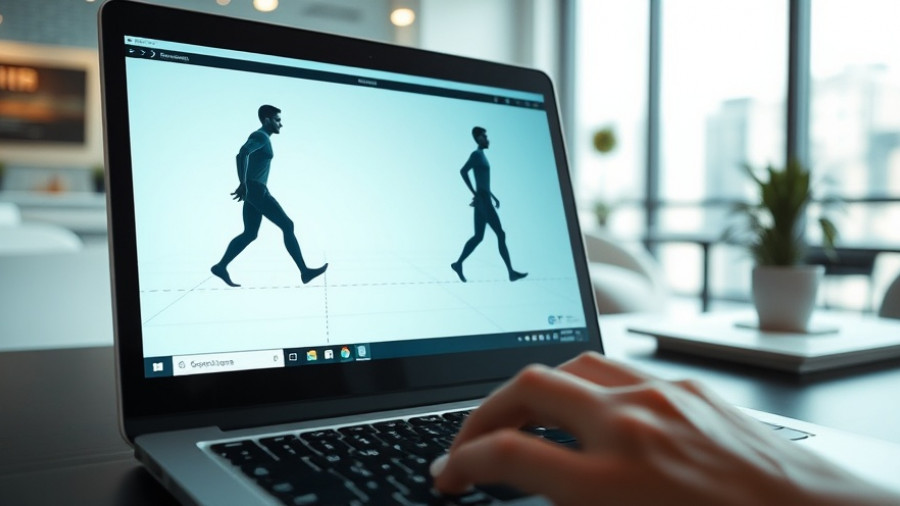 Wearable gait analysis technology on laptop screen in office setting.