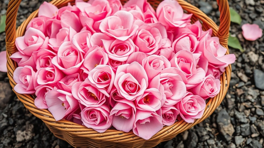 Vibrant pink roses in a woven basket showcasing Oman's perfume heritage.