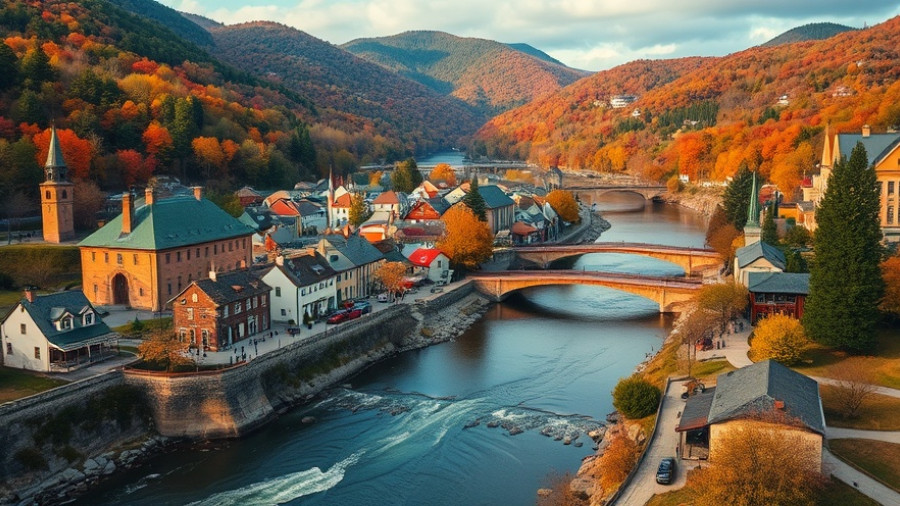 Charming small town surrounded by autumn hills and rivers.