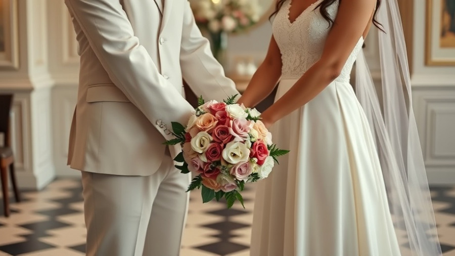 Romantic wedding couple holding hands, elegant bouquet, wedding planning tips