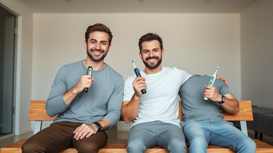 Two men smiling holding electric toothbrushes, sustainable.