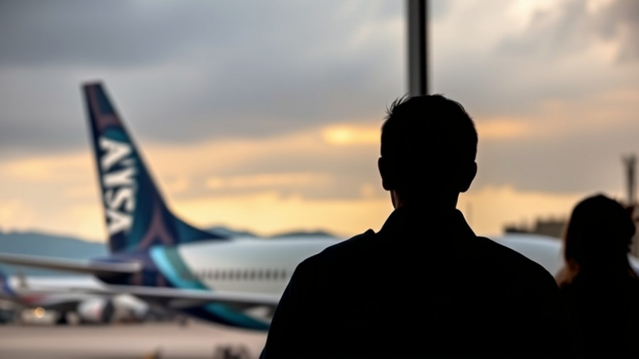Dramatic silhouette of travelers viewing Alaska Airlines plane, indicating IT outage context.