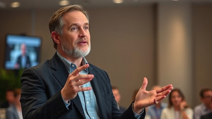 Confident presenter discussing technology innovation at a conference.