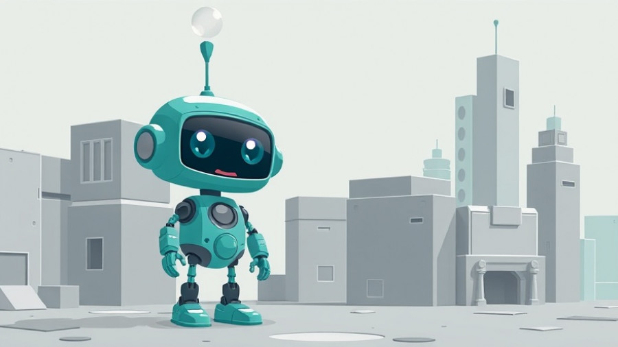 Teal cartoon robot with futuristic abstract cityscape blocks