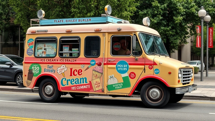 Vintage ice cream truck with colorful ice cream wraps in urban setting.